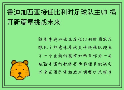 鲁迪加西亚接任比利时足球队主帅 揭开新篇章挑战未来